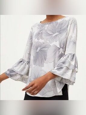 LOFT Women Silver-Gray Floral Double Ruffle Sleeve Blouse Size Small